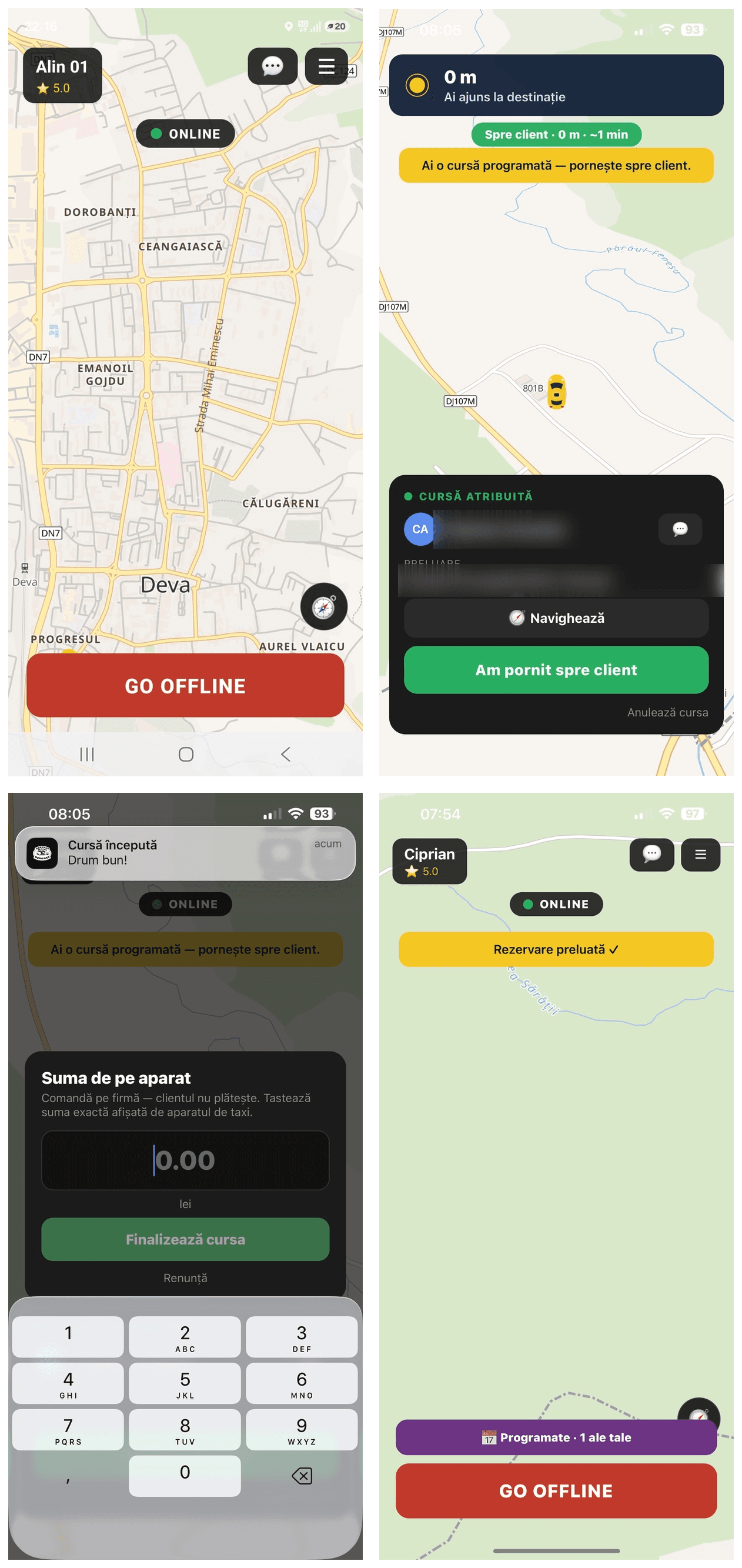 Aplicația de șofer: online/offline pe hartă, cursă atribuită cu navigare, finalizare cu suma de pe aparat și rezervări programate