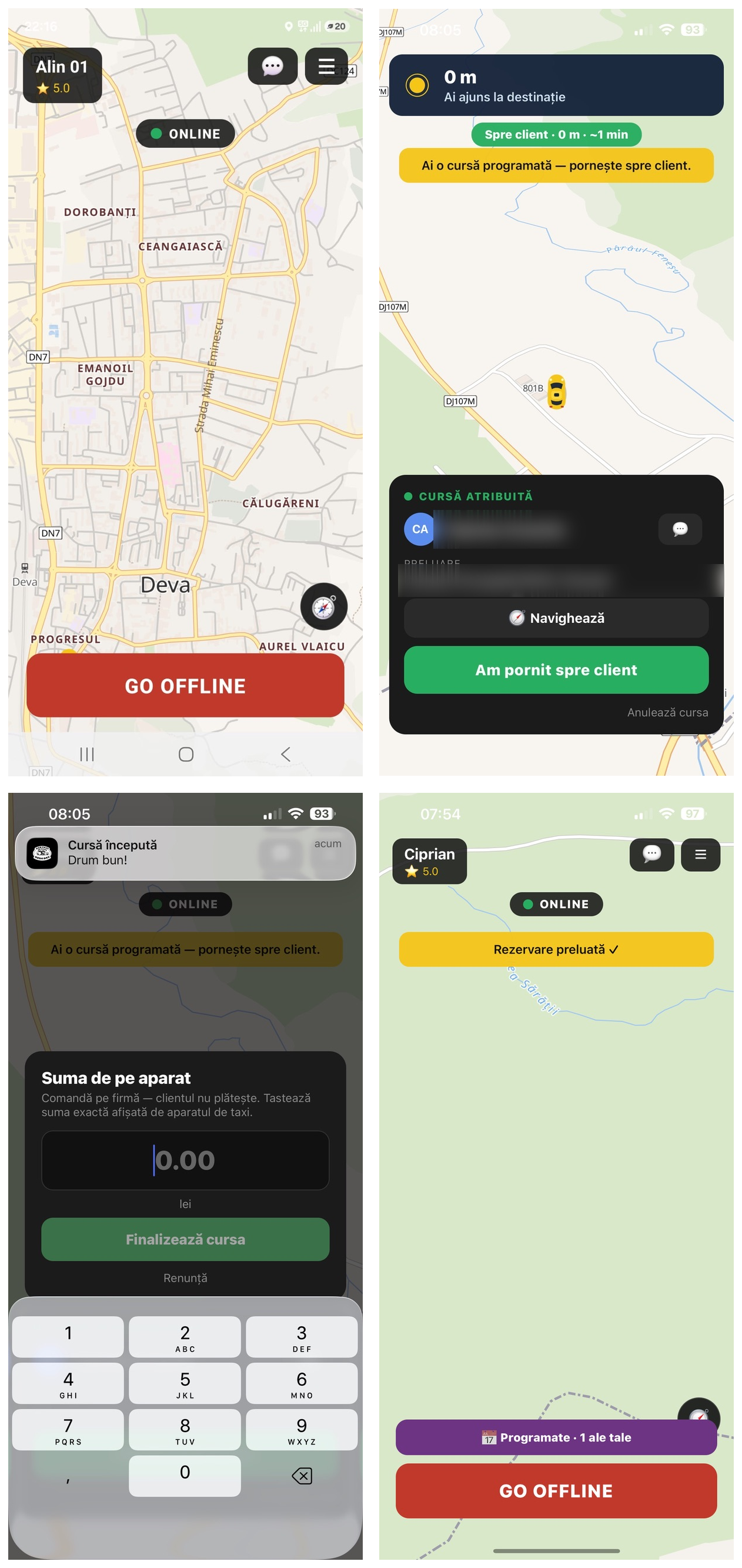 Aplicația de șofer: online/offline pe hartă, cursă atribuită cu navigare către client, finalizare cu suma de pe aparat și rezervări programate